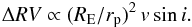 Mathematical equation: \begin{eqnarray} \Delta RV \propto (R_{\rm E}/r_{\rm p})^{2} \, v\sin i. \end{eqnarray}