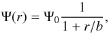 Mathematical equation: \begin{equation} \label{eq:hq} \Psi(r) = \Psi_0\frac{1}{1+r/b}, \end{equation}