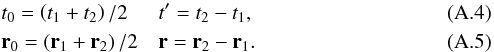 \appendix \setcounter{section}{1} \begin{eqnarray} &&t_0 = \left ( t_1 + t_2 \right )/2 \quad\,\,\, t^\prime=t_2-t_1 , \label{t_0}\\ &&\vec r_0 = \left ( \vec r_1 + \vec r_2 \right )/2 \quad \vec r=\vec r_2-\vec r_1 . \label{r_0} \end{eqnarray}