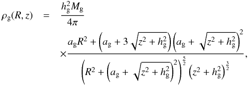 Mathematical equation: \begin{eqnarray} \rho_{\rm g}(R,z)&=&\frac{h_{\rm g}^2 M_{\rm g}}{4\pi} \nonumber\\ &&\times \frac{a_{\rm g} R^2+\left( a_{\rm g}+3 \sqrt{z^2+h_{\rm g}^2}\right) \left( a_{\rm g}+\sqrt{z^2+h_{\rm g}^2} \right)^2 }{ \left( R^2+ \left( a_{\rm g}+ \sqrt{z^2+h_{\rm g}^2}\right)^2 \right)^ {\frac{5}{2}} \left(z^2+h_{\rm g}^2 \right)^{\frac{3}{2}} }, \end{eqnarray}