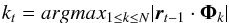 \begin{eqnarray} \label{OMP1} k_t = argmax_{1 \leq k \leq N} | \boldsymbol{r}_{t - 1} \cdot \boldsymbol{\Phi}_k| \end{eqnarray}