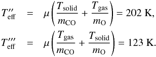 \appendix \setcounter{section}{1} \begin{eqnarray} T_{\rm eff}''&=& \mu\left(\frac{T_{\rm solid}}{m_{\rm CO}}+\frac{T_{\rm gas}}{m_{\rm O}}\right)= 202~{\rm K},\nonumber \\ T_{\rm eff}'''&=& \mu\left(\frac{T_{\rm gas}}{m_{\rm CO}}+\frac{T_{\rm solid}}{m_{\rm O}}\right)= 123~{\rm K}.\nonumber \end{eqnarray}