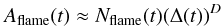 \begin{equation} \label{eq3} A_\mathrm{flame}(t)\approx N_\mathrm{flame}(t) (\Delta(t))^D \end{equation}