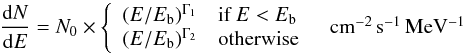 Mathematical equation: \begin{eqnarray*} \frac{{\rm d}N}{{\rm d}E} = N_0 \times\left\{ \begin{array}{ll} (E/E_\mathrm{b})^{\Gamma_1} & \mbox{if }E < E_\mathrm{b}\\ (E/E_\mathrm{b})^{\Gamma_2} & \mbox{otherwise} \end{array} \quad\mbox{\cmsmev} \right. \end{eqnarray*}