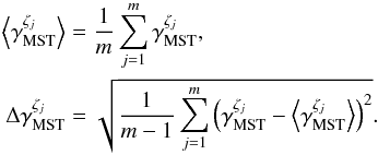 \begin{equation} \begin{aligned} \gmstMean{\zeta_j}&= \frac{1}{m} \sum_{j=1}^{m} \gmst{\zeta_j},\\ \gmstDelta{\zeta_j}&= \sqrt{ \frac{1}{m-1} \sum_{j=1}^{m} \left( \gmst{\zeta_j} - \gmstMean{\zeta_j} \right)^2 }. \end{aligned} \end{equation}
