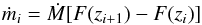 \begin{equation} \dot{m}_i = \dot{M}[F(z_{i+1}) - F(z_i)] \label{eq:settling_rate} \end{equation}