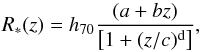 \begin{equation} \label{csfr} R_*(z)=h_{70}\frac{(a+bz)}{\left[1+(z/c)^{\rm d}\right]} , \end{equation}