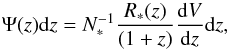\begin{equation} \Psi(z){\rm d}z=N_*^{-1}\frac{R_*(z)}{(1+z)}\frac{{\rm d}V}{{\rm d}z}{\rm d}z , \end{equation}