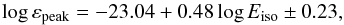 \begin{equation} \log\varepsilon_{\rm peak}=-23.04+0.48\log E_{\rm iso} \pm 0.23, \end{equation}