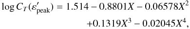 \begin{eqnarray} \log C_T(\varepsilon_{\rm peak}')=1.514-0.8801X-0.06578X^2\\ \nonumber +0.1319X^3-0.02045X^4 , \end{eqnarray}