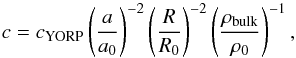 \begin{equation} \label{cyorp} c = c_{\rm YORP} \left(\frac{a}{a_0}\right)^{-2} \left(\frac{R}{R_0}\right)^{-2}\left(\frac{\rho_{\rm bulk}}{\rho_0}\right)^{-1}, \end{equation}