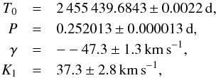 \begin{eqnarray*} T_0 & = & 2\,455\,439.6843 \pm 0.0022\,{\mathrm d}, \\ P & = & 0.252013 \pm 0.000013\,{\mathrm d}, \\ \gamma& = & --47.3 \pm 1.3\,{\mathrm{km\,s}}^{-1}, \\ K_1 & = & 37.3 \pm 2.8\,{\mathrm{km\,s}}^{-1}, \end{eqnarray*}