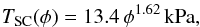 \begin{eqnarray} T_\mathrm{SC}(\phi) = 13.4\,\phi^{1.62}\,\mathrm{kPa},\label{eq:ts_fit_sc} \end{eqnarray}