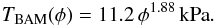 \begin{eqnarray} T_\mathrm{BAM}(\phi) = 11.2\,\phi^{1.88}\,\mathrm{kPa}.\label{eq:ts_fit_bam} \end{eqnarray}