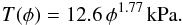 \begin{eqnarray} T(\phi) = 12.6\,\phi^{1.77}\,\mathrm{kPa}.\label{eq:ts_fit} \end{eqnarray}