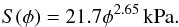 \begin{eqnarray} S(\phi) = 21.7 \phi^{2.65}\,\mathrm{kPa}.\label{eq:ss_fit} \end{eqnarray}