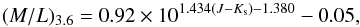 \begin{equation} (M/L)_{3.6} = 0.92\times 10^{1.434(J-K_{\mathrm{s}})-1.380}-0.05, \end{equation}