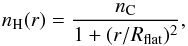 Mathematical equation: \begin{equation} n_{\rm H}(r) = \frac{n_{\rm C}}{1 + (r/R_{\rm flat})^2}, \end{equation}