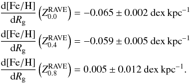 \begin{eqnarray*} \frac{{\rm d [Fe/H]}}{{\rm d} R_\mathrm{g}} \left(Z_{\rm 0.0}^{\rm RAVE}\right) &=&-0.065\pm0.002~{\rm dex\,kpc}^{-1}\\ \frac{{\rm d [Fe/H]}}{{\rm d} R_\mathrm{g}} \left(Z_{0.4}^\mathrm{RAVE}\right) &=&-0.059\pm0.005~{\rm dex\,kpc}^{-1}\\ \frac{{\rm d [Fe/H]}}{{\rm d} R_\mathrm{g}} \left(Z_{\rm 0.8}^{\rm RAVE}\right)&=&0.005\pm0.012~{\rm dex\,kpc}^{-1}. \end{eqnarray*}