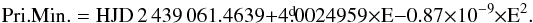\begin{equation} {\rm Pri.Min.}= {\rm HJD}\,2\,439\,061.4639+4\fd0024959\times{\rm E} - 0.87\times 10^{-9}\times{\rm E}^2. \end{equation}