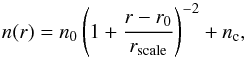 \begin{equation} n(r) = n_0 \left( 1 + \frac{r - r_0}{r_\mathrm{scale}} \right)^{-2} + n_{\mathrm{c}},\label{eq:density} \end{equation}