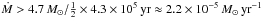 \hbox{$\dot{M} > 4.7\, M_{\odot}/ \frac{1}{2}\times4.3 \times 10^5 \, \mathrm{yr} \approx 2.2 \times 10^{-5}\, M_{\odot}\, \mathrm{yr}^{-1}$}