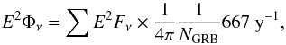 \begin{eqnarray} \label{eq:quasi_diffuse_flux} E^2 \Phi_\nu = \sum E^2 F_\nu \times \frac{1}{4 \pi} \frac{1}{N_\mathrm{GRB}} 667\; \mathrm{y}^{-1} , \end{eqnarray}