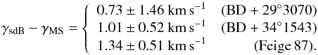 \begin{equation} \gamma_{\rm{sdB}} - \gamma_{\rm{MS}} = \left\{ \begin{array}{lr} 0.73 \pm 1.46\ \rm{km\,s}^{-1} & (\rm{BD+29}^{\circ}3070) \\ 1.01 \pm 0.52\ \rm{km\,s}^{-1} & (\rm{BD+34}^{\circ}1543) \\ 1.34 \pm 0.51\ \rm{km\,s}^{-1} & (\rm{Feige\,87}). \end{array} \right. \end{equation}