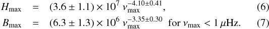 \begin{eqnarray} \Hmax &=& (3.6\pm1.1)\times 10^7 \ \numax^{-4.10\pm 0.41} , \\ \Bmax &=& (6.3\pm1.3)\times 10^6 \ \numax^{-3.35\pm 0.30} \ \hbox{ for } \numax < 1 \,\mu\hbox{Hz}. \end{eqnarray}