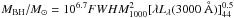 \hbox{$M_{\rm BH}/M_\odot = 10^{6.7} FWHM_{1000}^2 [\lambda L_\lambda(3000~\mathrm{\AA})]_{44}^{0.5}$}