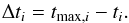 Mathematical equation: \begin{equation} \Delta t_i= t_{{\rm max,}i}- t_i. \label{eq:DeltaT} \end{equation}