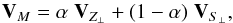 Mathematical equation: \begin{equation} \vec{V}_M = \alpha \;\vec{V}_{Z_{\perp}} + (1-\alpha)\; \vec{V}_{S_{\perp}}, \end{equation}