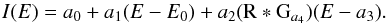 \begin{equation} I(E) = a_0 + a_1 (E - E_0) + a_2 ({\rm R} * {\rm G}_{a_4})(E - a_3).\label{eq:spec-model} \end{equation}