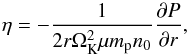 \begin{equation} \label{eq:eta} \eta = -\frac{1}{2r\OK^2 \mu m_{\rm p} n_0}\frac{\partial P}{\partial r}, \end{equation}