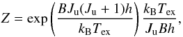 \appendix \setcounter{section}{3} \begin{equation} Z = \exp\left(\frac{ B J_\mathrm{u} (J_\mathrm{u}+1) h}{ k_\mathrm{B} T_{\mathrm{ex}}} \right)\frac{k_\mathrm{B} T_{\mathrm{ex}}}{J_\mathrm{u} B h} , \end{equation}