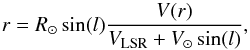 \begin{equation} r = R_{\odot}\, \mathrm{sin}(l)\frac{V(r)}{V_{\mathrm{LSR}} + V_{\odot}\,\mathrm{sin}(l)}, \end{equation}