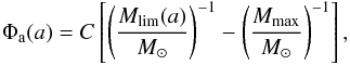Mathematical equation: \begin{eqnarray} \label{eq:age-distribution} \Phi_{\rm a}(a) = C \left[\left(\frac{M_{\rm lim}(a)}{M_{\sun}}\right)^{-1} - \left(\frac{M_{\rm max}}{M_{\sun}}\right)^{-1} \right], \end{eqnarray}