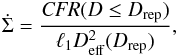 Mathematical equation: \begin{eqnarray} \label{eq:cfr/area} \dot{\Sigma} = \frac{{\it CFR} (D \leq D_{\rm rep})}{\ell_1 D_{\rm eff}^2(D_{\rm rep})}, \end{eqnarray}