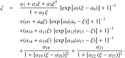 \begin{eqnarray} \zeta &=& \frac{a_1+a_2\xi+a_3\xi^3}{1+a_4\,\xi}\, \left\{\exp\left[a_5(\xi-a_6)\right]+1\right\}^{-1} \nonumber\\&& + (a_7+a_8\xi)\, \left\{\exp\left[a_9(a_6-\xi)\right]+1\right\}^{-1} \nonumber\\&& + (a_{10}+a_{11}\xi)\, \left\{\exp\left[a_{12}(a_{13}-\xi)\right]+1\right\}^{-1} \nonumber\\&& + (a_{14}+a_{15}\xi)\, \left\{\exp\left[a_{16}(a_{17}-\xi)\right]+1\right\}^{-1} \nonumber\\&& + \frac{a_{18}}{1+ [a_{19}\,(\xi-a_{20})]^2} + \frac{a_{21}}{1+ [a_{22}\,(\xi-a_{23})]^2}\cdot\label{fit.P} \end{eqnarray}