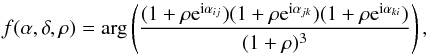 \begin{equation} f(\alpha, \delta, \rho) = \arg \left( \frac{(1+\rho {\rm e}^{{\rm i} \alpha_{ij}})(1+\rho {\rm e}^{{\rm i} \alpha_{jk}})(1+\rho {\rm e}^{{\rm i} \alpha_{ki}})} {(1+\rho)^3} \right), \end{equation}