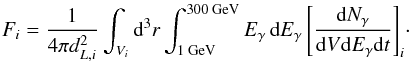 \appendix \setcounter{section}{1} \begin{equation} F_i=\frac{1}{4\pi d_{L,i}^2}\int_{V_i}\mbox{d}^3r \int_{1\mbox{\scriptsize{ GeV}}}^{300\mbox{\scriptsize{ GeV}}} E_{\gamma}\,\mbox{d}E_{\gamma} {\, \left[\frac{{\rm d}N_{\gamma}}{{\rm d}V{\rm d}E_{\gamma}{\rm d}t}\right]_{i} } \cdot \label{eq:equipartitionflux} \end{equation}