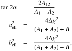 \appendix \setcounter{section}{2} \begin{eqnarray} \tan{2\alpha} &=& \frac{2A_{12}}{A_1-A_2} \nonumber \\ a_\mathrm{ell}^2 &=& \frac{4\Delta\chi^2}{(A_1+A_2)+B} \nonumber \\ b_\mathrm{ell}^2 &=& \frac{4\Delta\chi^2}{(A_1+A_2)-B} , \end{eqnarray}