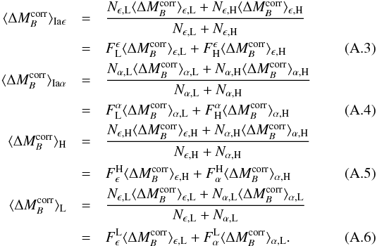 \appendix \setcounter{section}{1} \begin{eqnarray} \label{eq:mcHRN} \langle\Delta M_B^{\rm corr}\rangle_{{\rm Ia}\epsilon} &= &\frac{ N_{\rm \epsilon,L} \langle\Delta M_B^{\rm corr}\rangle_{\rm \epsilon,L} + N_{\rm \epsilon,H} \langle\Delta M_B^{\rm corr}\rangle_{\rm \epsilon,H}}{ N_{\rm \epsilon,L} + N_{\rm \epsilon,H}}\notag\\ &=& F^{\epsilon}_{\rm L} \langle\Delta M_B^{\rm corr}\rangle_{\rm \epsilon,L} + F^{\epsilon}_{\rm H} \langle\Delta M_B^{\rm corr}\rangle_{\rm \epsilon,H} \\ \label{eq:mcHRS} \langle\Delta M_B^{\rm corr}\rangle_{{\rm Ia}\alpha} &=& \frac{ N_{\rm \alpha,L} \langle\Delta M_B^{\rm corr}\rangle_{\rm \alpha,L} + N_{\rm \alpha,H} \langle\Delta M_B^{\rm corr}\rangle_{\rm \alpha,H}}{ N_{\rm \alpha,L} + N_{\rm \alpha,H}}\notag\\ &= &F^{\alpha}_{\rm L} \langle\Delta M_B^{\rm corr}\rangle_{\rm \alpha,L} + F^{\alpha}_{\rm H} \langle\Delta M_B^{\rm corr}\rangle_{\rm \alpha,H} \\ \label{eq:mcHRH} \langle\Delta M_B^{\rm corr}\rangle_{\rm H} &=& \frac{ N_{\rm \epsilon,H} \langle\Delta M_B^{\rm corr}\rangle_{\rm \epsilon,H} + N_{\rm \alpha,H} \langle\Delta M_B^{\rm corr}\rangle_{\rm \alpha,H}}{ N_{\rm \epsilon,H} + N_{\rm \alpha,H}}\notag\\ & = &F^{\rm H}_{\epsilon} \langle\Delta M_B^{\rm corr}\rangle_{\rm \epsilon,H} + F^{\rm H}_{\alpha} \langle\Delta M_B^{\rm corr}\rangle_{\rm \alpha,H} \\ \label{eq:mcHRL} \langle\Delta M_B^{\rm corr}\rangle_{\rm L} &=& \frac{ N_{\rm \epsilon,L} \langle\Delta M_B^{\rm corr}\rangle_{\rm \epsilon,L} + N_{\rm \alpha,L} \langle\Delta M_B^{\rm corr}\rangle_{\rm \alpha,L}}{ N_{\rm \epsilon,L} + N_{\rm \alpha,L}} \notag\\ &=& F^{\rm L}_{\epsilon} \langle\Delta M_B^{\rm corr}\rangle_{\rm \epsilon,L} + F^{\rm L}_{\alpha} \langle\Delta M_B^{\rm corr}\rangle_{\rm \alpha,L}. \end{eqnarray}