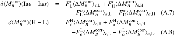 \appendix \setcounter{section}{1} \begin{eqnarray} \label{eq:Habias_def_general} \delta \langle M_B^{\rm corr}\rangle({\rm Ia}\epsilon-{\rm Ia}\alpha) &=& F^{\epsilon}_{\rm L} \langle\Delta M_B^{\rm corr}\rangle_{\rm \epsilon,L} + F^{\epsilon}_{\rm H} \langle\Delta M_B^{\rm corr}\rangle_{\rm \epsilon,H}\notag\\ &&\quad - F^{\alpha}_{\rm L} \langle\Delta M_B^{\rm corr}\rangle_{\rm \alpha,L} - F^{\alpha}_{\rm H} \langle\Delta M_B^{\rm corr}\rangle_{\rm \alpha,H} \quad\quad\quad\\ \label{eq:mass_step_def_general} \delta \langle M_B^{\rm corr}\rangle({\rm H-L}) &=& F^{\rm H}_{\epsilon} \langle\Delta M_B^{\rm corr}\rangle_{\rm \epsilon,H} + F^{\rm H}_{\alpha} \langle\Delta M_B^{\rm corr}\rangle_{\rm \alpha,H}\notag\\ &&\quad -F^{\rm L}_{\epsilon} \langle\Delta M_B^{\rm corr}\rangle_{\rm \epsilon,L} - F^{\rm L}_{\alpha} \langle\Delta M_B^{\rm corr}\rangle_{\rm \alpha,L}. \end{eqnarray}