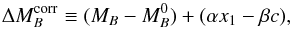 \begin{equation} \label{eq:cHR} \Delta M_B^{\rm corr} \equiv (M_B-M_B^{0}) + (\alpha{} x_{1} - \beta c), \end{equation}