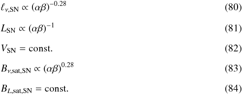 \begin{eqnarray} && \ell_{\nu,\mathrm{SN}} \propto \left(\alpha \beta\right)^{-0.28} \\[2mm] && L_\mathrm{SN} \propto \left(\alpha \beta\right)^{-1} \\[2mm] && V_\mathrm{SN} = \mathrm{const.} \\[2mm] && B_{\nu,\mathrm{sat,SN}} \propto \left(\alpha \beta\right)^{0.28} \\[2mm] && B_{L,\mathrm{sat,SN}} = \mathrm{const.} \label{quantities} \end{eqnarray}