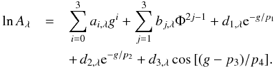 \begin{eqnarray} \ln{A_\lambda}&=&\sum^3_{i=0} a_{i,\lambda} g^i+\sum^3_{j=1}b_{j,\lambda}\Phi^{2j-1}+d_{1,\lambda}{\rm e}^{-g/p_1}\nonumber\\ && +\, d_{2,\lambda}{\rm e}^{-g/p_2}+d_{3,\lambda}\cos{[(g-p_3)/p_4]}. \label{lnalb} \end{eqnarray}