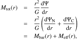 \begin{eqnarray} \label{eq:mass_chameleon} M_{\rm tot}(r) &=& \frac{r^2}{G} \frac{\mathrm{d} \Psi}{\mathrm{d}r} \nonumber \\ &=& \frac{r^2}{G} \left( \frac{\mathrm{d} \Psi_{\rm N}}{\mathrm{d}r} + \frac{\mathrm{d} \Psi_{\rm C}}{\mathrm{d}r} \right) \nonumber \\ &=& M_{\rm bar}(r) + M_{\rm eff}(r) , \end{eqnarray}