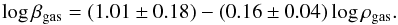 \begin{equation} \log \beta_{\rm gas} = (1.01 \pm 0.18) - (0.16\pm 0.04) \log \rho_{\rm gas}. \end{equation}