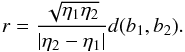 \appendix \setcounter{section}{1} \begin{equation} r = \frac{\sqrt{\eta_1 \eta_2}}{|\eta_2 - \eta_1|} d(b_1,b_2). \end{equation}